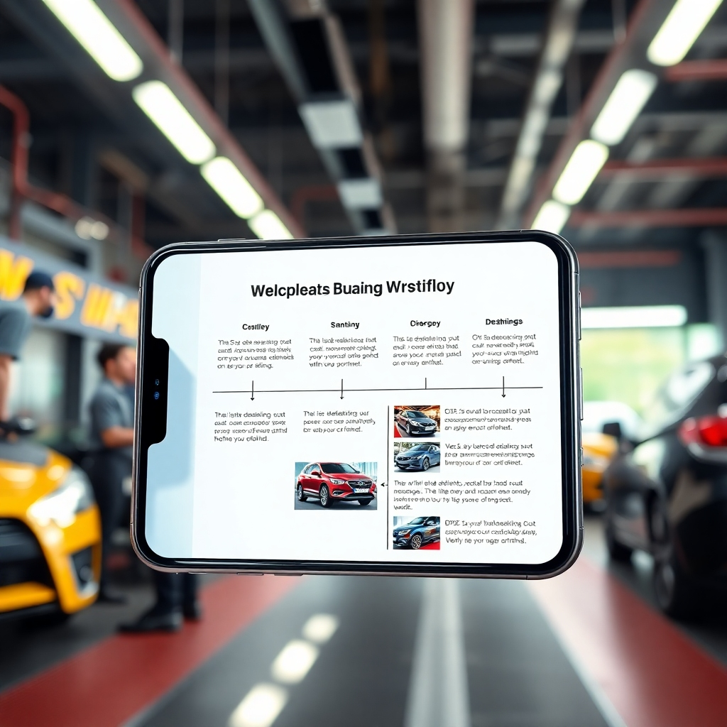 A photorealistic image, ultra-high definition, dramatic side lighting, showcasing a sleek, modern smartphone displaying an email sequence workflow chart. The chart visually represents automated email messages sent to a potential car detailing client. Each email in the sequence is depicted with brief, engaging content and stunning visuals of immaculately detailed cars. The background should show a vibrant, busy car detailing shop with professional staff hard at work. The lighting emphasizes the smartphone screen, highlighting its smooth, reflective surface. The color palette is vibrant yet professional. The camera angle is slightly elevated, looking down at the phone, creating a sense of importance.  The scene evokes efficiency and organization. The style should be similar to high-end tech product photography. Textures are meticulously detailed, showing the smooth glass of the phone and the metallic texture of the phone frame. The mood should be positive, energetic, and exciting.