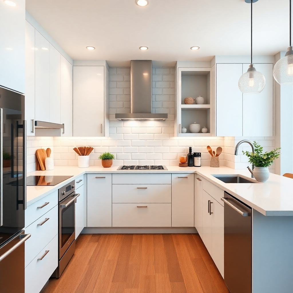 A striking visual of a modern kitchen staged virtually, emphasizing sleek appliances, beautiful countertops, and tasteful decor. The lighting is bright and cheerful, with shades of white and warm wood creating an inviting atmosphere. The image highlights the practicality of virtual staging, demonstrating how it can enhance home appeal with photorealistic details and a contemporary look.
