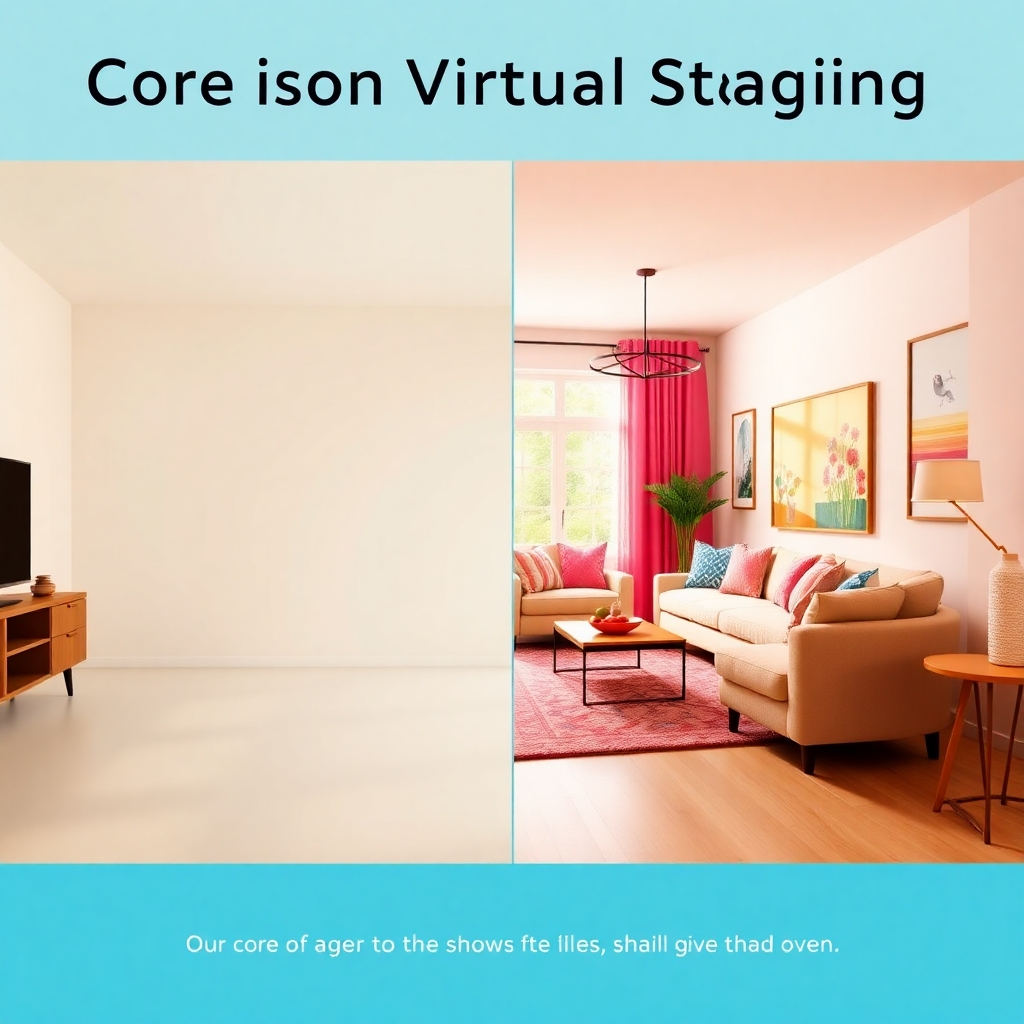 A stylized image depicting the core mission of Virtual Staging. It features a split-screen view, one side showing an empty room and the other side transformed with vibrant virtual staging. The empty side is dimly lit, while the staged side is bright and welcoming, filled with furniture and decor. The color palette includes soft pastels contrasted with vibrant accents. The environment is a cozy living room setting, highlighting texture details on the furniture and walls. This engaging image should be high-quality 4K resolution, conveying a sense of transformation.