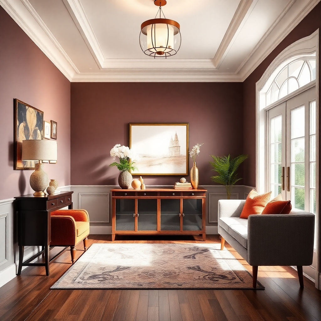 A vibrant, photorealistic image of a stunning staged entryway, showcasing how an empty space can be transformed. The lighting is bright and inviting, highlighting a stylish console table, decorative art, and a welcoming color palette. Textures of the furnishings pop against the backdrop of a well-lit interior, creating an attractive first impression. The image should be rich in detail and seamlessly blended, embodying luxury.