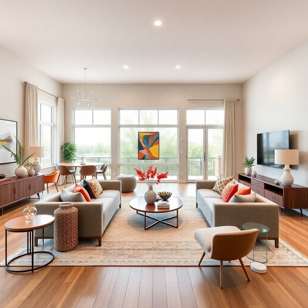 An engaging visual that captures a newly listed property with a virtual staging overlay. The main focus is on a striking living area, emphasizing the furniture and decor arranged to highlight space and functionality. Bright, well-balanced lighting complements the color scheme of earthy tones mingled with vibrant accents. This image should have detailing that illustrates the modern aesthetic, rendered in a high-quality, photorealistic style.