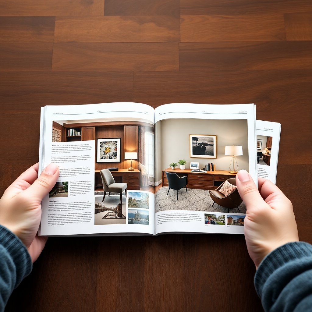 An impactful image illustrating a realtor's marketing strategy using virtual staging images in a promotional brochure. The focus is on a beautifully staged home represented in high-quality photos around the brochure. The environment features a home office with informative content, deep wood tones, and stylish furniture, providing a professional yet inviting atmosphere. The image should symbolize creativity and strategy, rendered with rich detail in photorealistic quality.