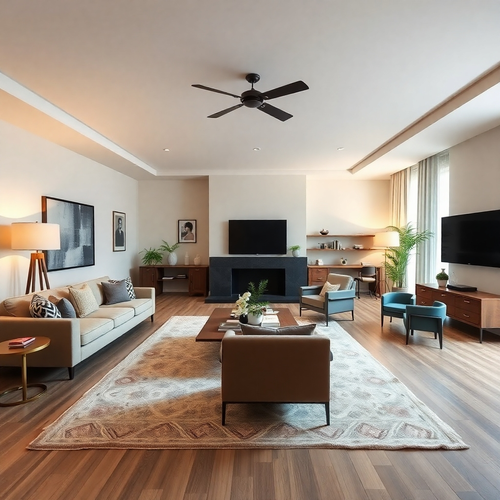 An impressive image showcasing a digitally staged room, capturing a seamless blend of furniture, decor, and space. The lighting is soft and highlights the textures of furnishings and accessories, creating a warm ambiance. The camera angle is wide, featuring a complete view of the room, emphasizing the potential of an empty space brought to life through virtual staging.