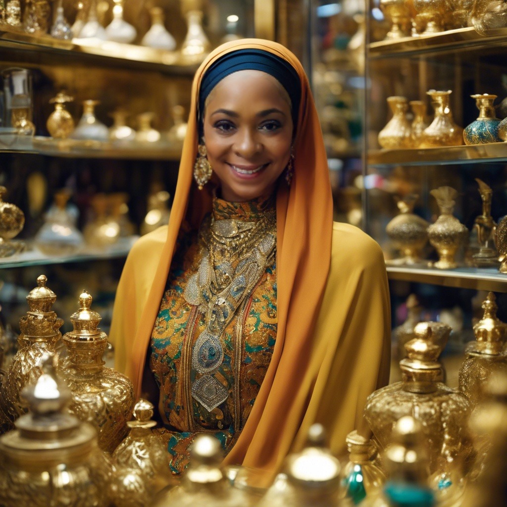 A photorealistic image of a friendly, knowledgeable consultant at Shaar Perfume interacting with a customer. The setting should be a sophisticated boutique store with shelves filled with perfume bottles.  Focus on the warm and engaging interaction between the consultant and customer, highlighting a personalized experience. The lighting should be soft and inviting.