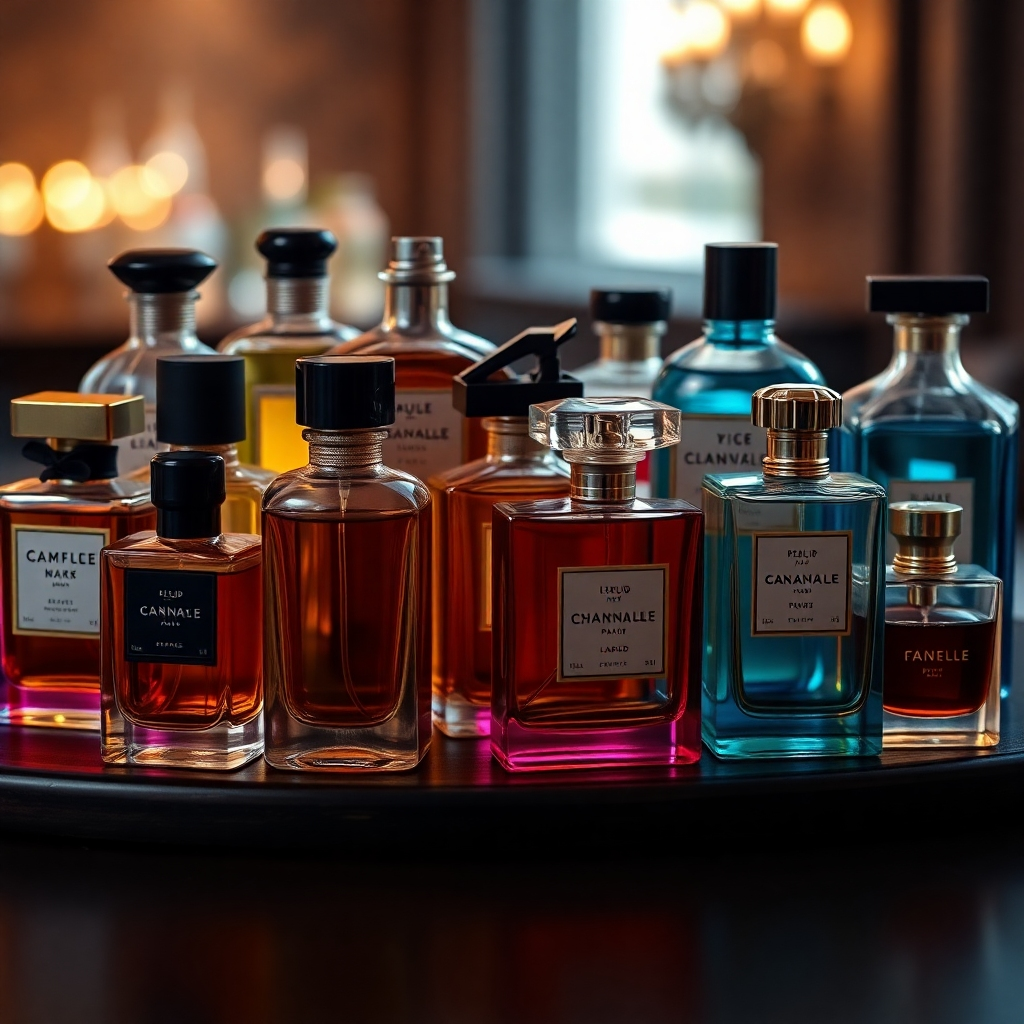 A close-up shot showcasing a variety of perfume bottles with diverse shapes, colors, and textures.  The bottles should be elegantly arranged on a luxurious dark wood surface, with soft, warm lighting highlighting the rich colors and details.  The background should be subtly blurred to emphasize the perfumes. The image should evoke a sense of luxury and exclusivity.