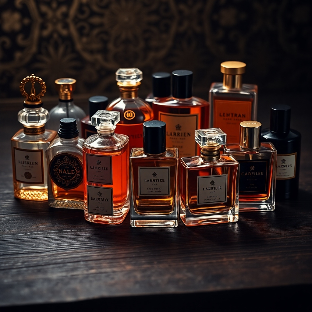 A high-angle, close-up shot of a variety of perfume bottles arranged artfully on a dark wooden surface.  The bottles should showcase a range of styles, from ornate Arabian designs to sleek, modern French styles, and unique niche perfume bottles.  The lighting should be soft and warm, highlighting the textures and colors of the bottles. Include subtle background elements that hint at different cultures, such as intricate patterns or textures.