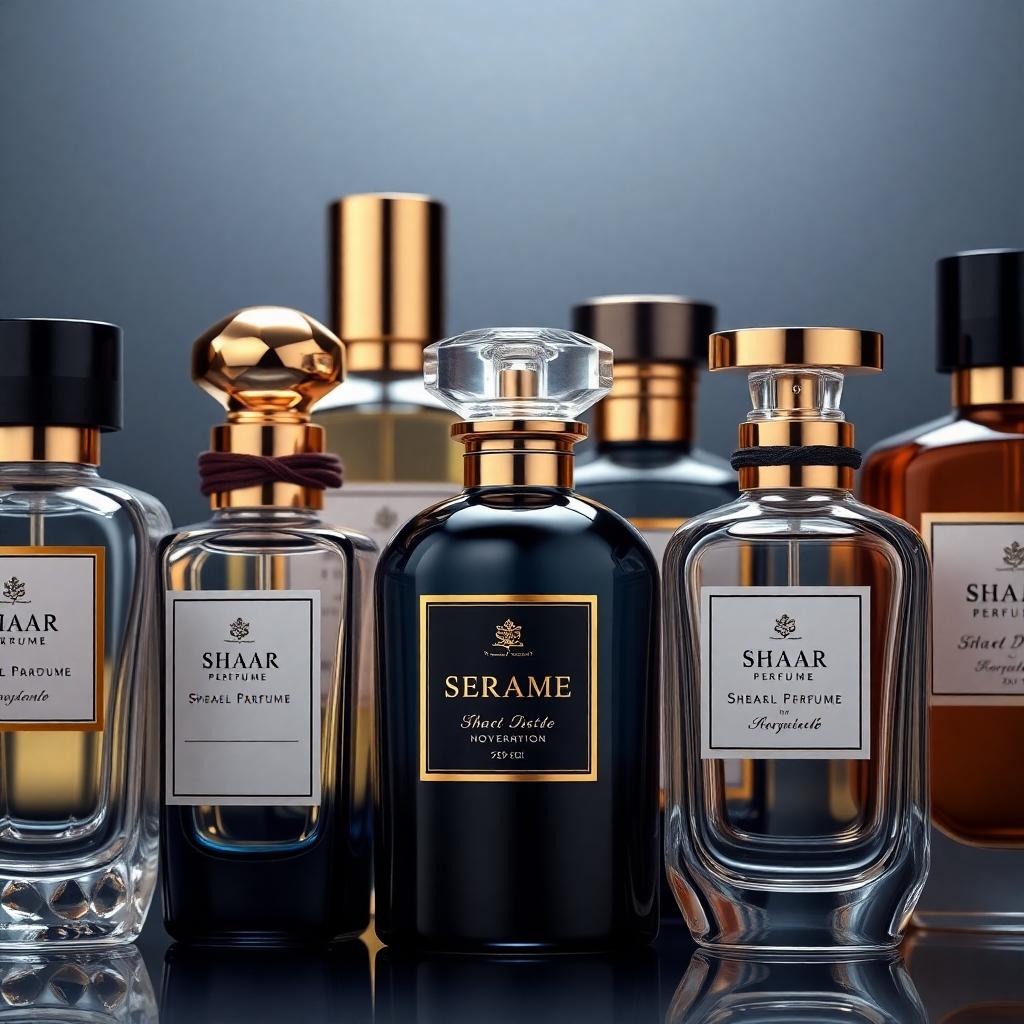 A photorealistic close-up shot of a variety of beautifully crafted perfume bottles from Shaar Perfume's collection, highlighting their unique designs, color variations, and exquisite details. High resolution, studio lighting, showcasing the luxurious quality and elegance of the products. 