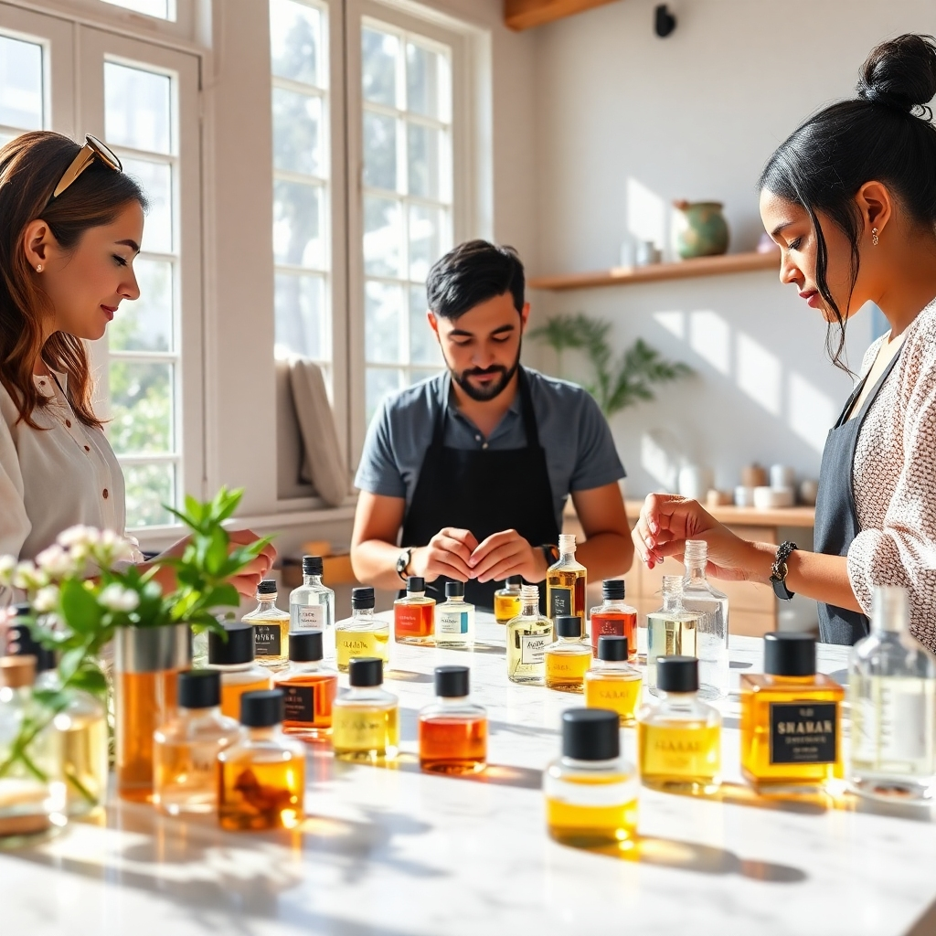 A photorealistic image, rendered in ultra-high definition (8K), showing a bright and airy workshop setting at SHAAR PERFUME. Soft natural light streams in from large windows. Three participants are actively engaged in a perfume-blending workshop, guided by an experienced perfumer. The scene is vibrant with a diverse range of perfume oils, beautifully arranged on a marble table.  The color palette is bright and inviting, incorporating the natural greens of plants, the rich tones of essential oils, and the warm, earthy colors of the workshop's décor. The camera angle is slightly elevated, allowing a clear view of the workshop and the participants' engaged expressions. Textures are meticulously detailed: the smoothness of the glass bottles, the varied textures of the raw perfume ingredients, and the rough elegance of the marble table. The image should capture a mood of creative exploration and collaborative artistry, with an emphasis on the vibrant color and texture of the ingredients. The style should emulate the work of a renowned lifestyle photographer, focusing on capturing the energy of a hands-on experience. 