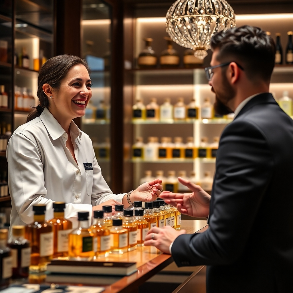 A photorealistic image of a friendly and knowledgeable consultant at Shaar Perfume, providing personalized service to a customer, explaining perfume notes and characteristics with a warm and inviting demeanor. High-end store aesthetics, soft lighting, and a focus on interaction between the consultant and the customer. 
