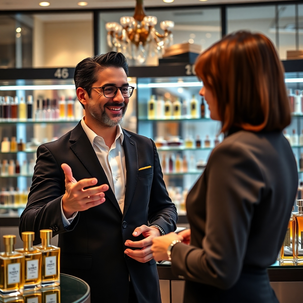 A photorealistic image of a friendly, knowledgeable perfume consultant interacting with a customer in a luxurious boutique setting. The consultant is gesturing towards a selection of perfume bottles. The background should be stylish and subtly showcase the various types of perfume available. The overall mood should be welcoming and inviting, emphasizing personalized service.