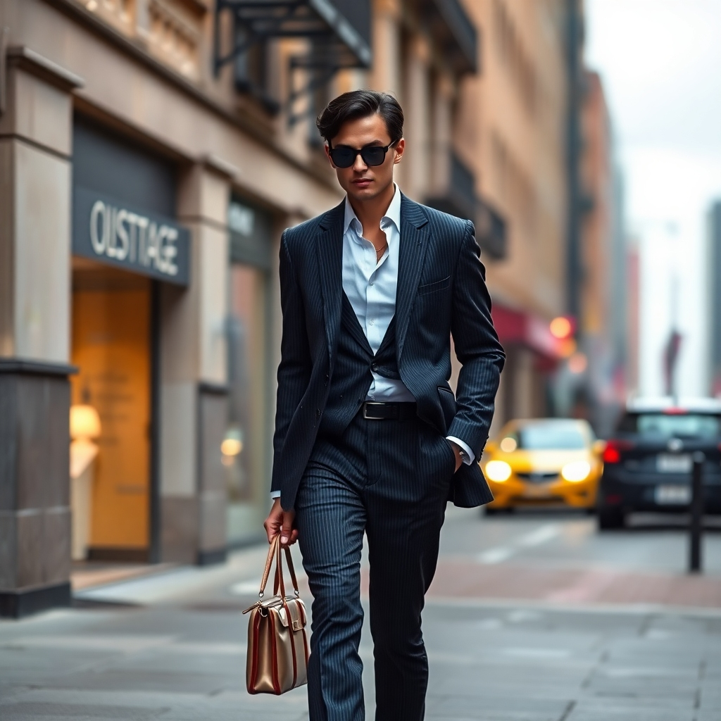 A stylish individual, elegantly dressed, confidently walking through a city street.  The background should be slightly blurred but with a noticeable urban backdrop.  The person should have a subtle, almost ethereal glow, suggesting the presence of a captivating fragrance. Focus on creating a mood of sophistication and self-assurance.