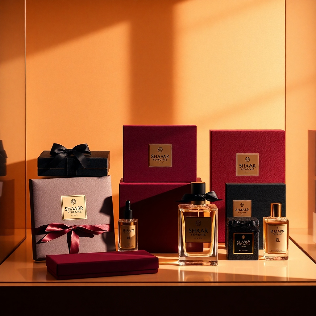 An image with an 8K resolution, showcasing a selection of SHAAR PERFUME's luxury gift sets. The setting is a minimalist, yet luxurious display case, bathed in warm, dramatic side lighting to accentuate the products. The color palette uses deep, rich jewel tones, highlighting the elegant design of the packaging. Each gift set is presented meticulously, showcasing a variety of Arabian, French, and Niche fragrances. The camera uses a close-up perspective, emphasizing the fine details of the packaging: the textured paper, the embossed logo, the delicate ribbons.  Materials are rendered hyperrealistically, showcasing the tactile quality of the packaging: the smooth glass, the soft velvet boxes, and the high-quality paper. The background is simple and clean, allowing the gift sets to take center stage. The image should evoke a feeling of refined luxury and sophistication, emulating the style of high-end product photography seen in magazines like Vogue and Harper's Bazaar.