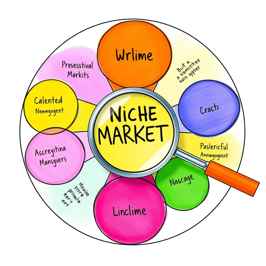 A brightly colored, hand-drawn infographic showing a large circle divided into smaller circles, each representing a niche market. The central circle has a magnifying glass focusing on one of the smaller circles, highlighting its unique characteristics.