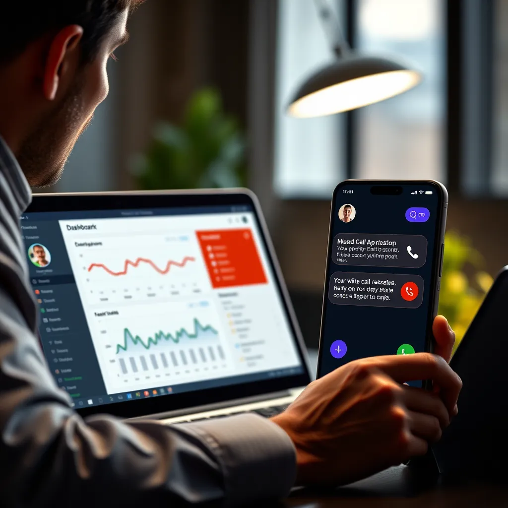 A businessman using a laptop with a dashboard showing lead data, a phone with a missed call notification, and a text message conversation window capturing information about the caller.