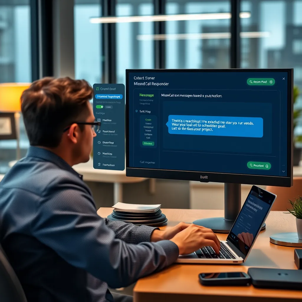 A businessperson sitting at their desk, looking at a laptop screen. The screen shows a dashboard of MissedCall Responder, where they can customize the automated text messages based on different call types. The user is creating a message for sales inquiries, saying 'Thanks for reaching out! We're excited to hear about your needs. Let's schedule a call to discuss your project.' The image is set in a professional office environment, with modern furniture and technology.