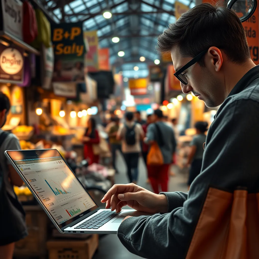 A bustling marketplace with diverse shoppers and vendors. A person with a laptop and a magnifying glass is meticulously analyzing data and insights, showcasing the process of targeted online marketing and audience research.