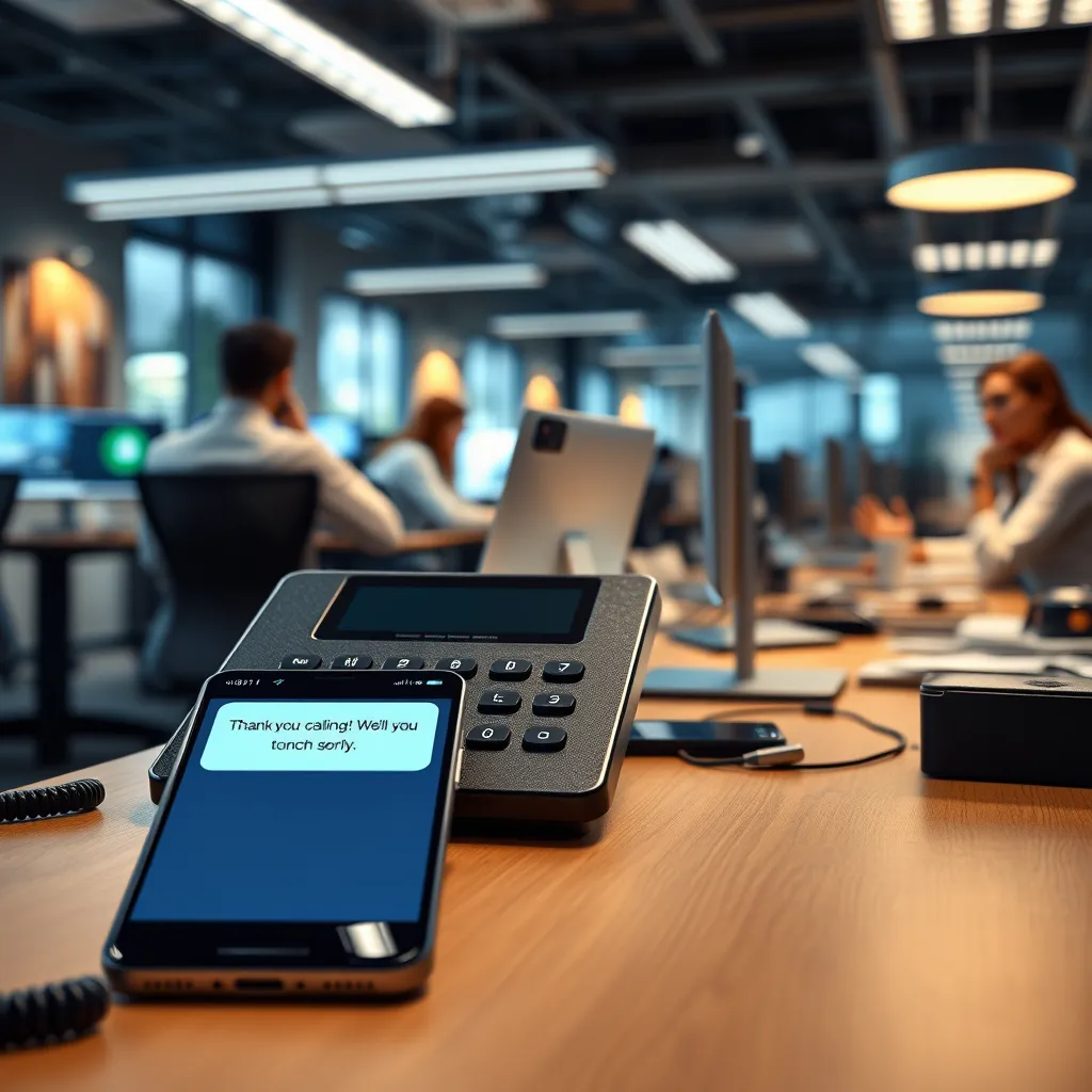 A busy office scene with a phone ringing on a desk. A smartphone with a notification showing a text message saying "Thank you for calling! We'll be in touch shortly." is beside the desk. The background should have multiple people working on their computers and having meetings, highlighting the busy environment.