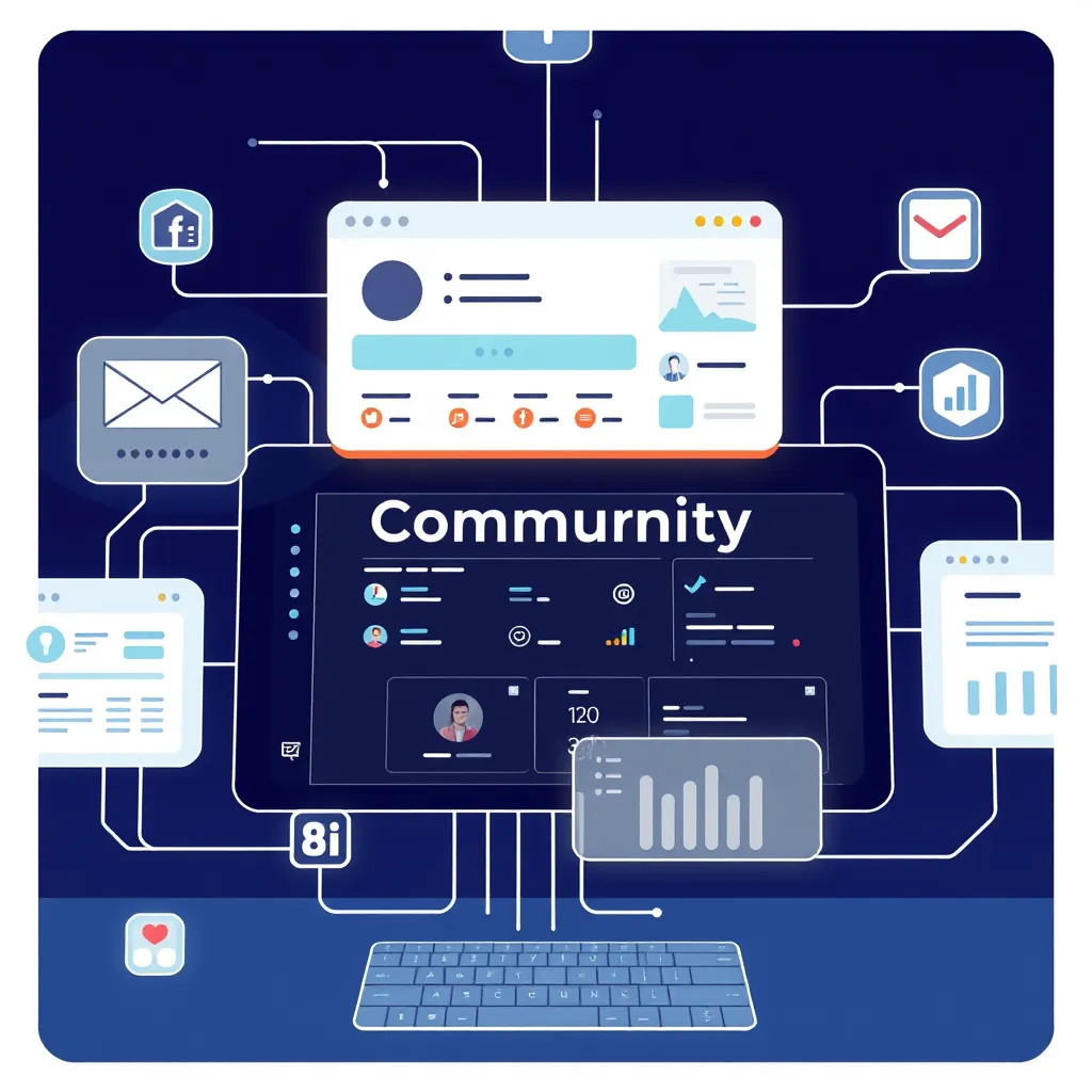 A clean and modern illustration showing a user interface with various connected apps and platforms. The central element is a community platform, seamlessly integrated with other tools like email marketing, analytics dashboards, and social media channels. The image should highlight the smooth data flow and interconnectedness.