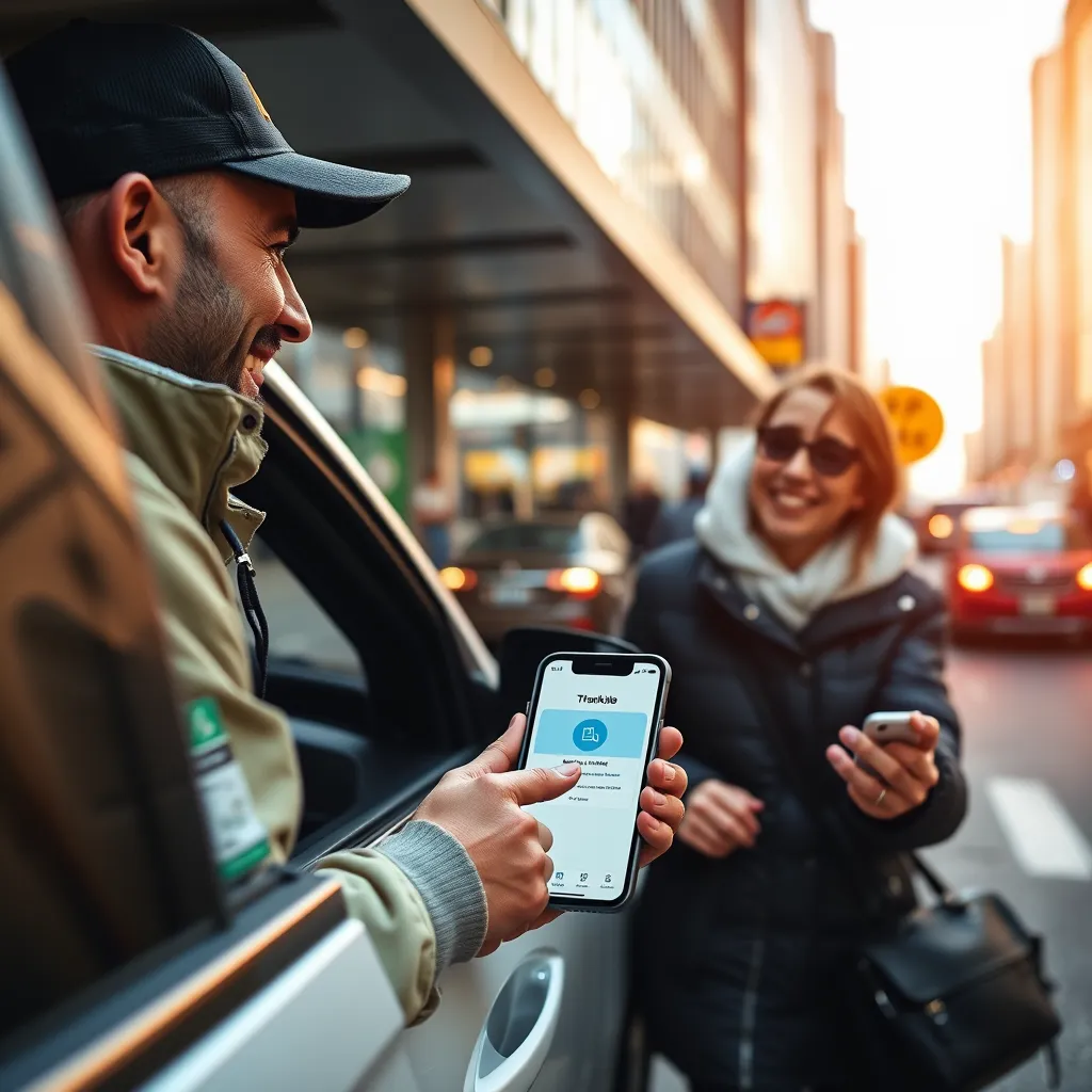 A close-up image of a XRide Drivers driver smiling and handing a package to a customer. The customer is expressing gratitude and holding a smartphone displaying the XRide Drivers app. The background shows a bustling city street with traffic and pedestrians.