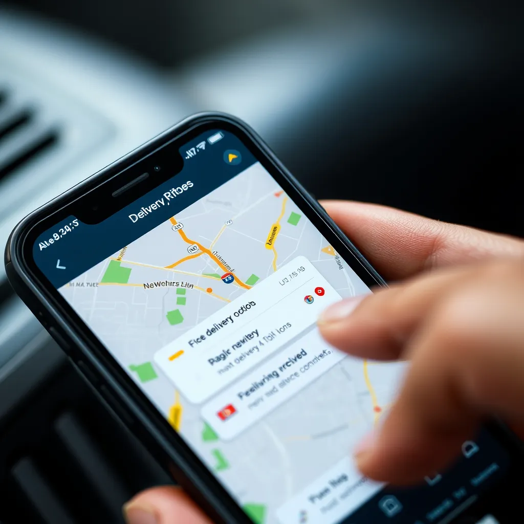 A close-up image of a XRide Drivers app interface on a smartphone, displaying a map with delivery routes and various delivery options. The image should emphasize the convenience and flexibility of the platform.