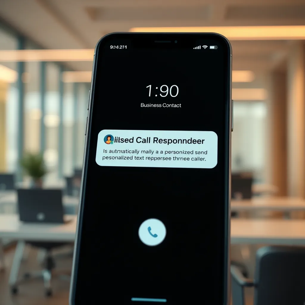 A close-up photorealistic image of a smartphone screen, displaying a missed call notification. The notification should be from a business contact, with the missed call time and duration clearly visible. The screen should also show a pop-up message indicating that MissedCall Responder is automatically sending a personalized text response to the caller. The background should be a modern office setting with soft, warm lighting, emphasizing a professional and efficient atmosphere. The image should be rendered in 8K resolution with hyperrealistic detail, capturing the subtle textures and reflections of the phone screen and the surrounding environment. The image should be styled in a contemporary, minimalist aesthetic, akin to the work of renowned product photographers like Peter Lindbergh, focusing on clean lines, sharp details, and subtle color variations.