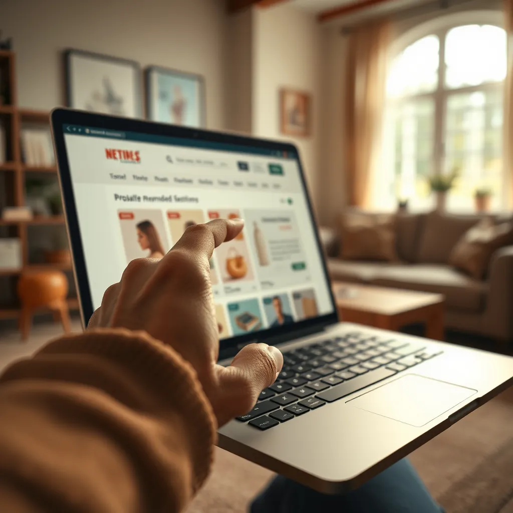 A close-up shot of a customer's hand hovering over a laptop screen. The website features an online store with a variety of products displayed.  The screen shows a personalized product recommendation based on the customer's browsing history and preferences.  The recommended product is highlighted with a soft, glowing light, emphasizing its relevance to the customer. The color palette should be warm and inviting, using earthy tones and soft pastel shades. The background is a blurred image of a cozy living room with natural light streaming through the window, emphasizing the ease and comfort of the online shopping experience. The scene should be rendered in 8K resolution with a photorealistic style, showcasing the detailed textures and materials of the products. The camera angle should be slightly tilted, adding a dynamic and engaging feel. Style reference: 'Shopping Spree' by 'The Art of Digital' photography collective.  