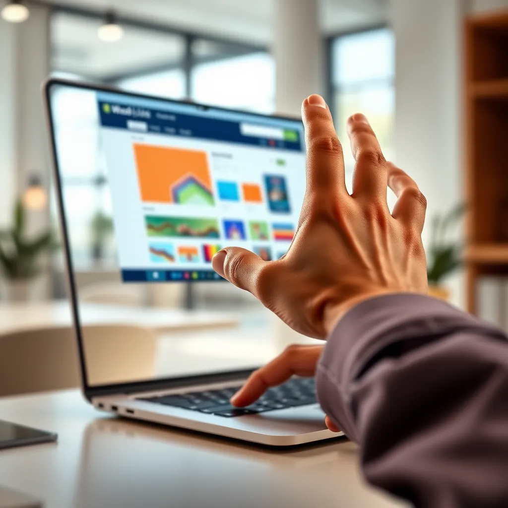 A close-up shot of a hand hovering over a laptop screen, showcasing a website builder interface with colorful drag-and-drop elements. The background is a modern office with soft, natural lighting. The scene is vibrant and engaging, conveying ease of use and creativity. Render in 8K resolution with hyperrealistic details and a cinematic depth of field. The image should evoke a sense of empowerment and accomplishment.