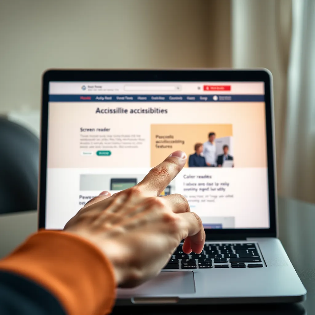 A close-up shot of a hand interacting with a laptop screen. The laptop is displaying a website with various accessibility features, such as screen reader compatibility, keyboard navigation, and color contrast. The hand is using a screen reader device to navigate the website, showcasing the user experience for individuals with visual impairments. The image should have soft diffused lighting, creating a warm and inviting atmosphere. The colors should be calming and accessible, reflecting the website's commitment to inclusivity. The laptop screen should be the focal point, highlighting the website's accessibility features. The image should convey a sense of ease, empowerment, and user-friendliness, highlighting the importance of accessible design for all users.