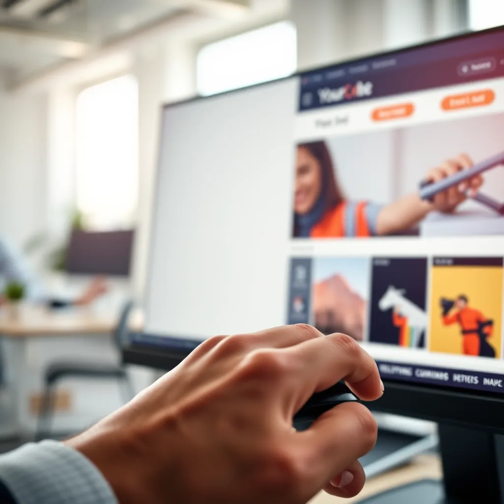  A close-up shot of a person's hand using a computer mouse to drag and drop elements on a website builder interface. The screen displays a sleek website design with modern fonts and vibrant colors. The background is a bright and airy office setting with natural light streaming through the window.