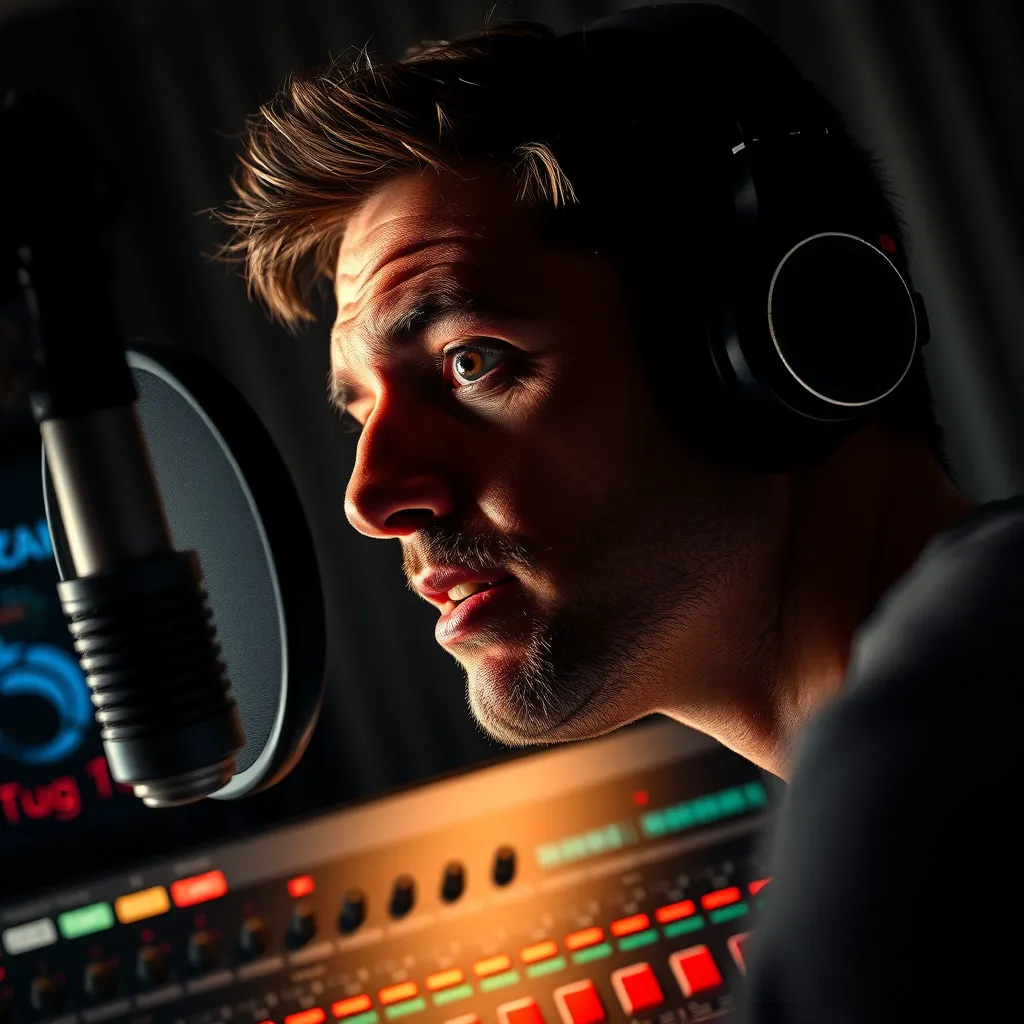 A close-up shot of a professional voice actor recording audio in a soundproof booth. Dramatic side lighting highlights the speaker's focused expression and the crisp audio equipment.  The background is subtly blurred, emphasizing the speaker's voice.  A sleek audio mixing console with colorful waveforms displays active processing.  Style references: 'Studio Portrait' photography.  High-quality, detailed texture and material.