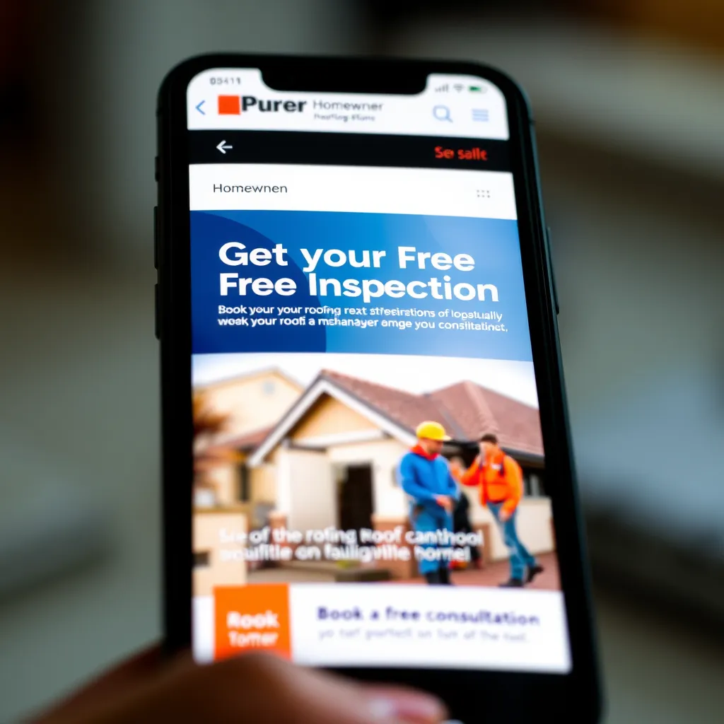 A close-up shot of a smartphone displaying a beautifully designed email campaign. The subject line is 'Get Your Free Roof Inspection,' with a visually appealing image of a happy homeowner. The email content includes a compelling call to action to book a free consultation. The background features a blurred image of a roofer inspecting a home with a team of professionals. The image should be hyperrealistic, 8K resolution, with sharp details and a sleek, modern design. The color palette should be vibrant and eye-catching, using contrasting colors like blue and orange to attract attention. The image should convey a sense of professionalism and efficiency.