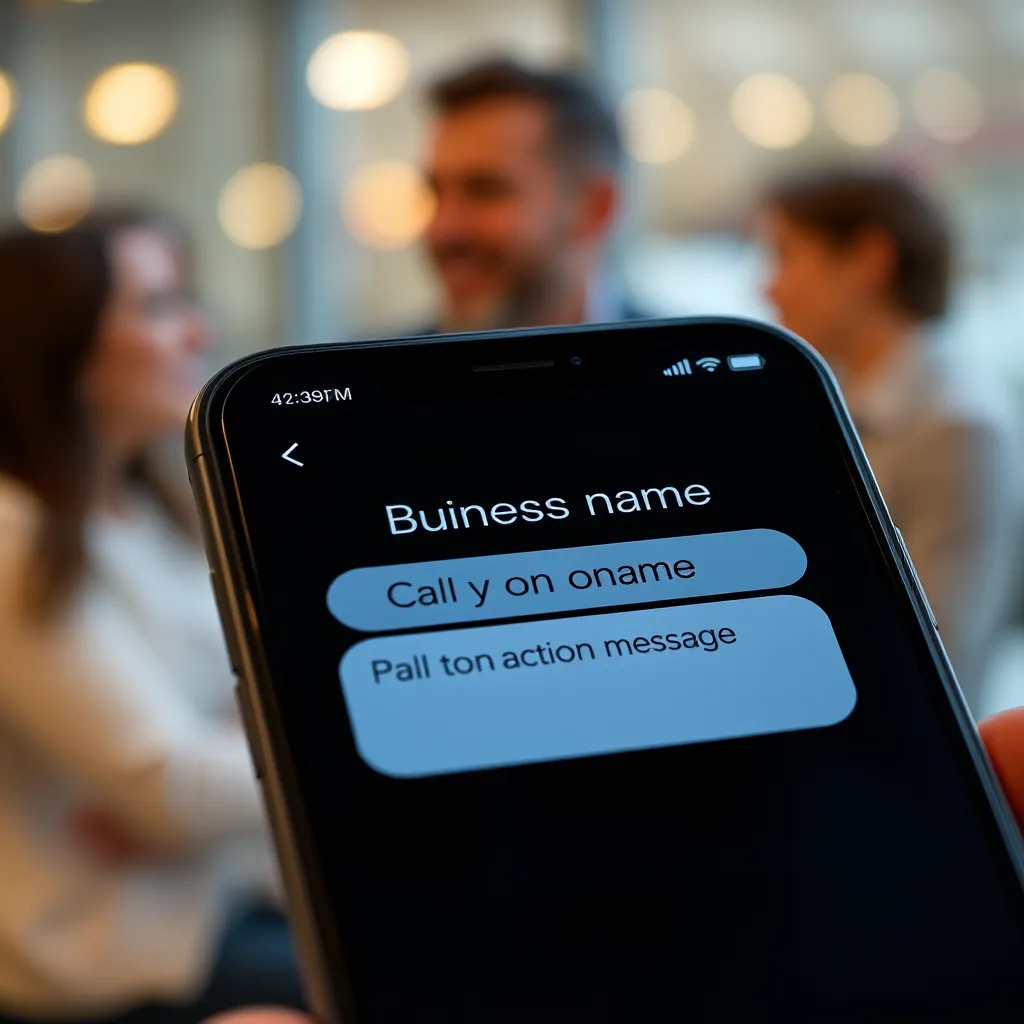 A close-up shot of a smartphone screen displaying a text message customization interface. The interface shows options like "greeting", "business name", "call to action", and "personalized message fields". The background should have a blurred image of a successful business owner interacting with clients.