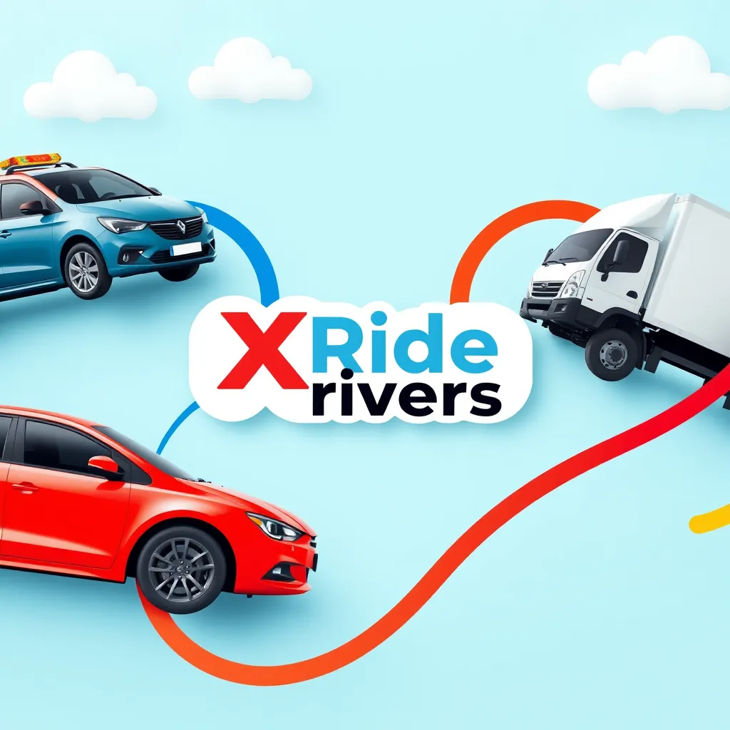 A colorful, modern infographic showing a car, a van, and a box truck, each with a different colored ribbon that loops around them and connects to a central word bubble saying "XRide Drivers". The background is a light blue with white clouds.