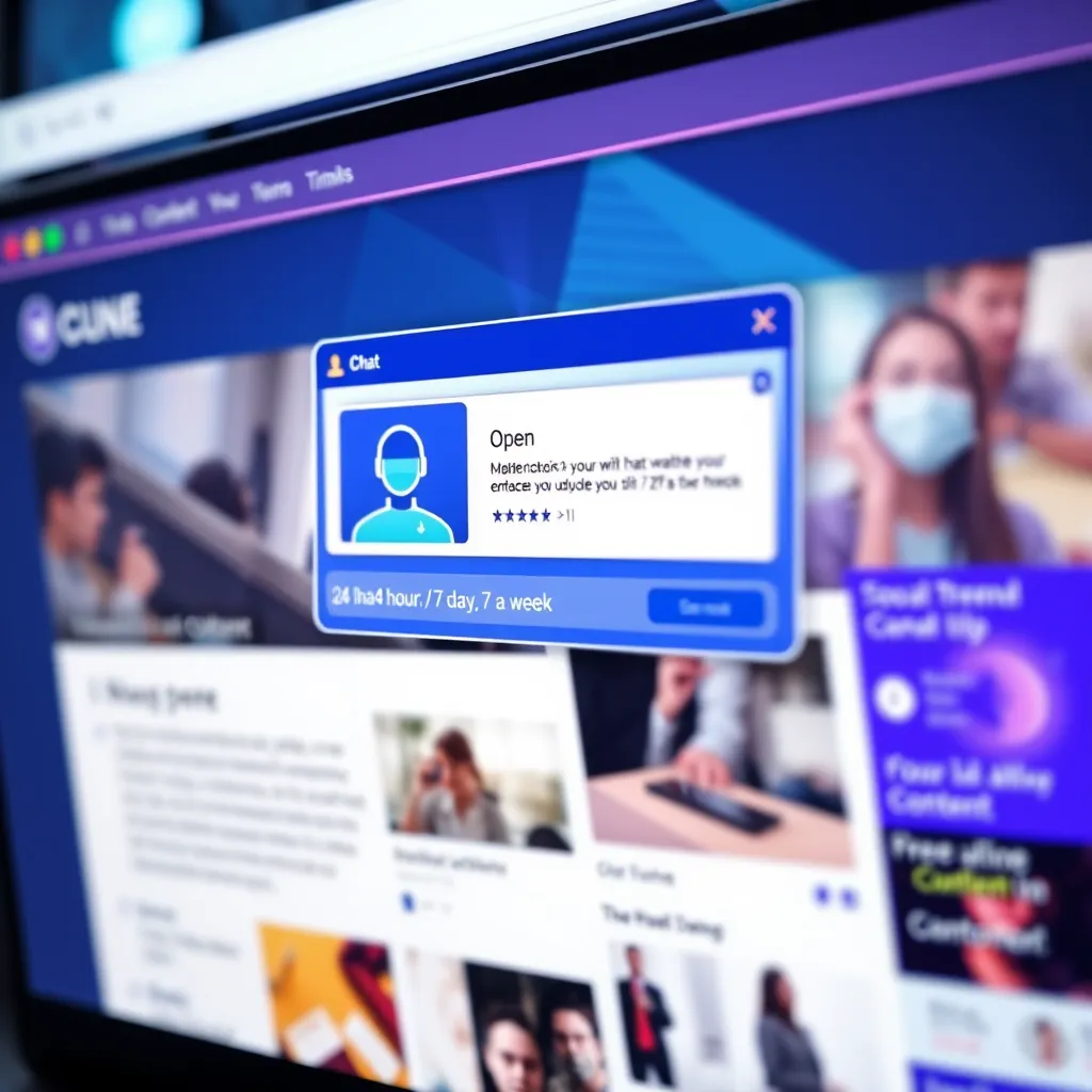 A colorful graphic showing a website with a chat window open 24 hours a day, 7 days a week. The chat window displays an AI agent assisting a customer with a query. In the background, the website shows various sections of content, highlighting its availability at all times.