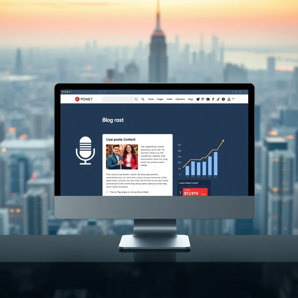 A computer screen displaying a website with a blog post, alongside a microphone icon representing audio content. The image should also show a graph representing increased website traffic and search engine rankings. The background should depict a cityscape with towering buildings, representing the growth and expansion of the brand's online presence.