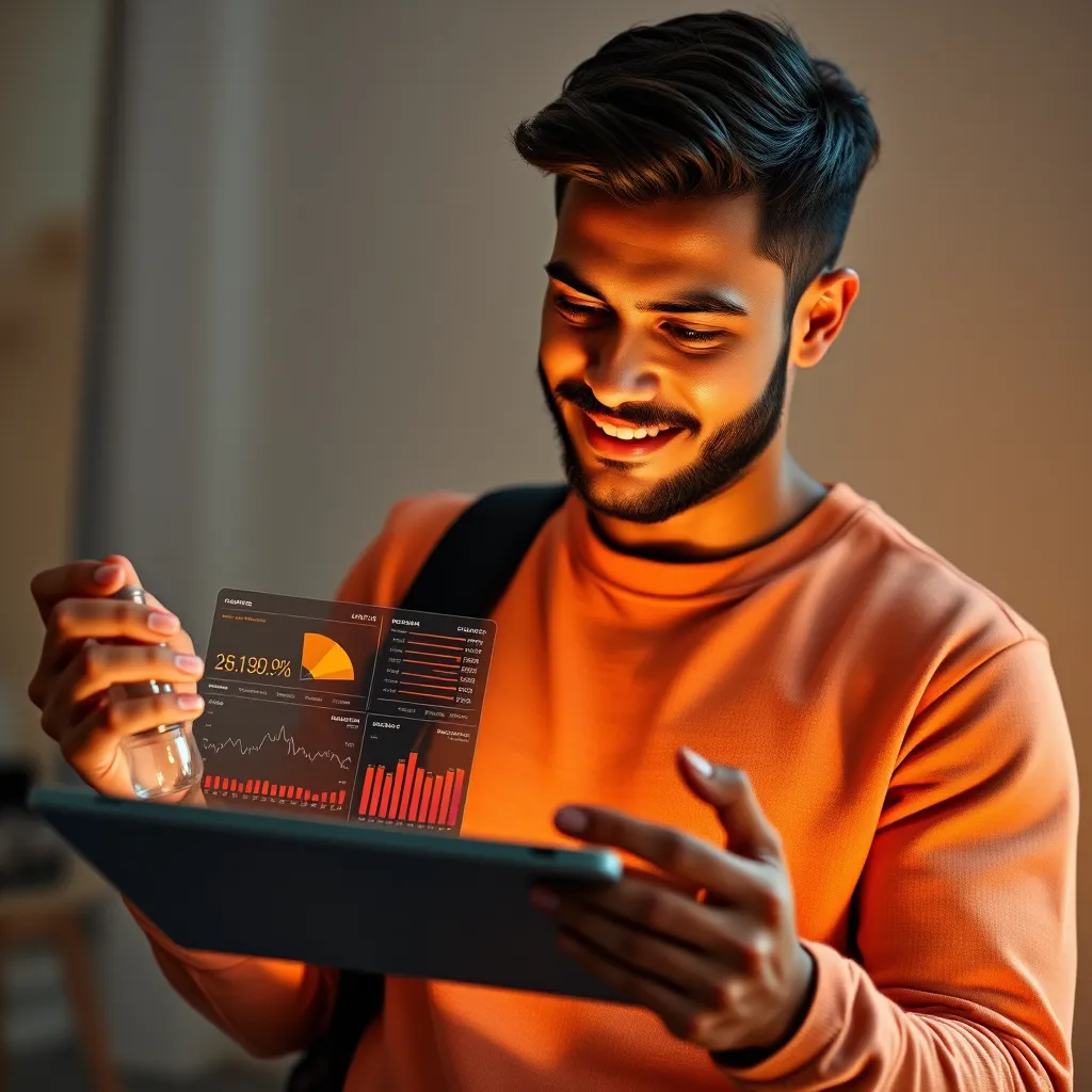 A confident influencer studying data visualizations on a tablet, revealing audience demographics, engagement patterns, and content performance. The scene showcases how data-driven insights inform influencer decisions for growth and engagement.