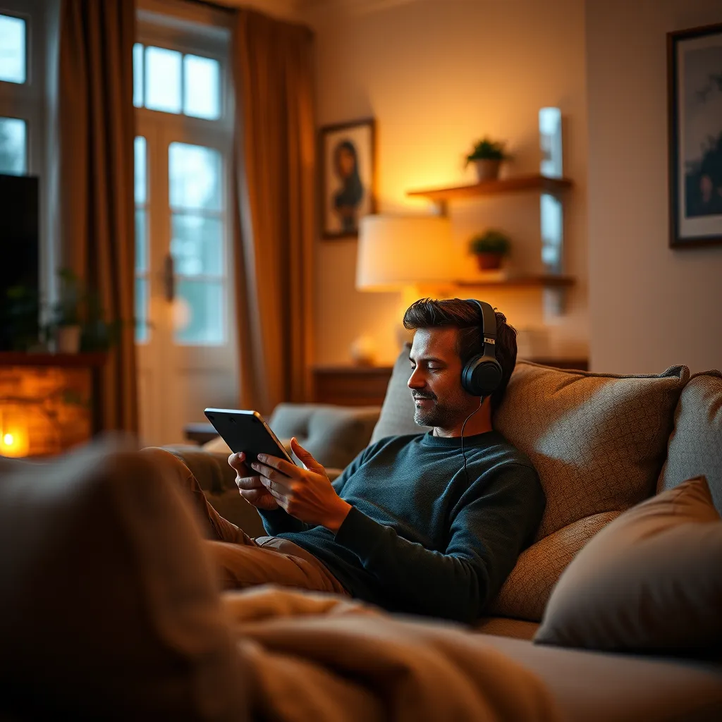 A cozy living room setting with a person comfortably listening to an audiobook on a tablet, with soft lighting and a warm ambiance. The scene emphasizes the relaxing and engaging nature of audio content.