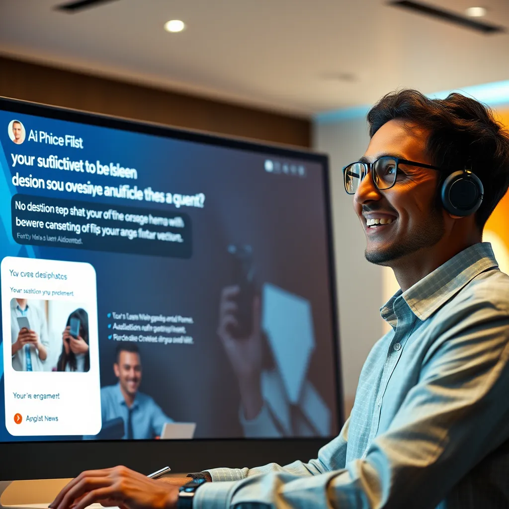 A customer interacting with an AI agent on a website, receiving a personalized response to their question and a prompt for further engagement. The customer is smiling and appears satisfied with the interaction. The background should be a vibrant and engaging website design with a positive and welcoming atmosphere.
