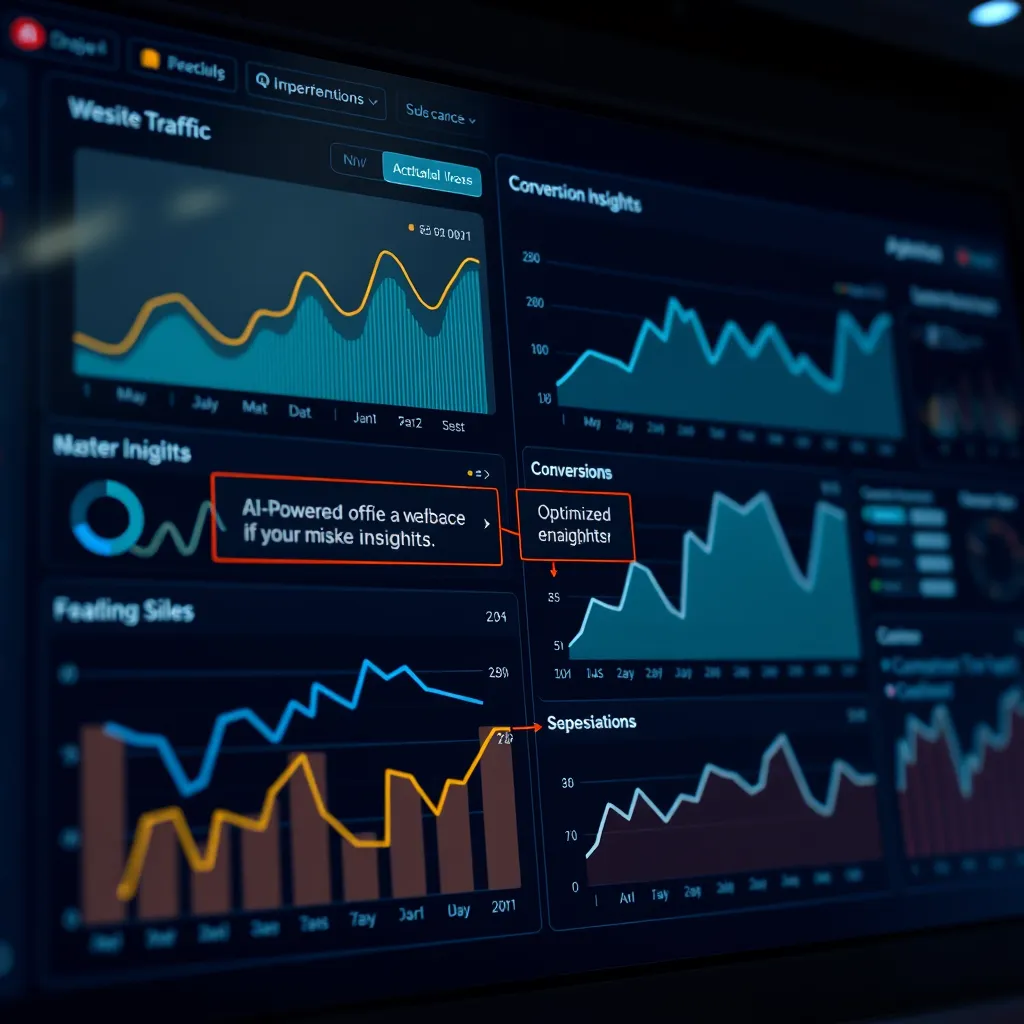 A dashboard with interactive graphs and charts showing website traffic, conversions, and user engagement metrics. AI-powered insights are highlighted, suggesting actionable steps to optimize the website for better performance. The image conveys a sense of data-driven decision making and ongoing improvement.