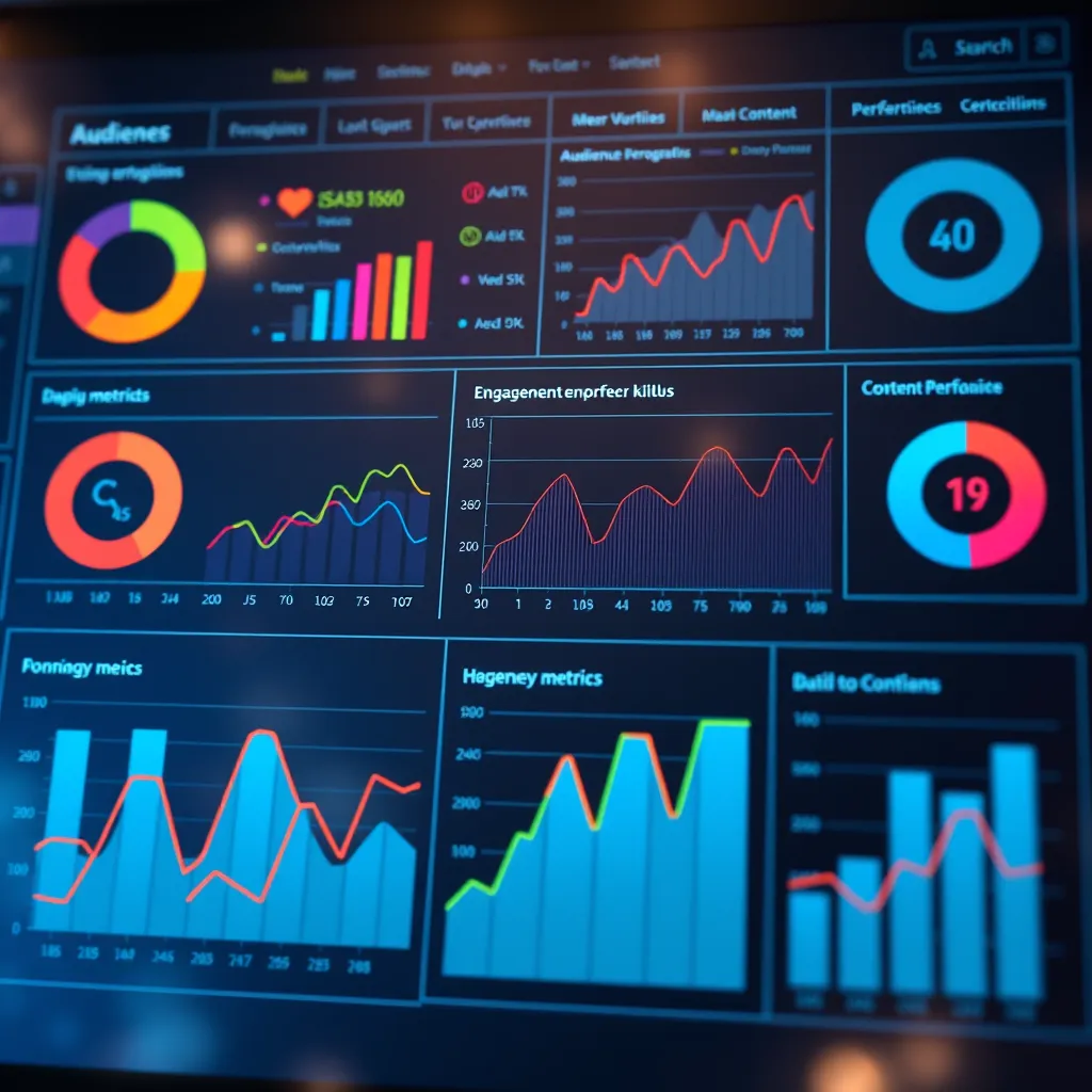 A data visualization dashboard with graphs, charts, and key performance indicators (KPIs) highlighting audience demographics, engagement metrics, and content performance. The image should focus on the powerful insights gleaned from data, emphasizing data-driven decision-making for influencers.