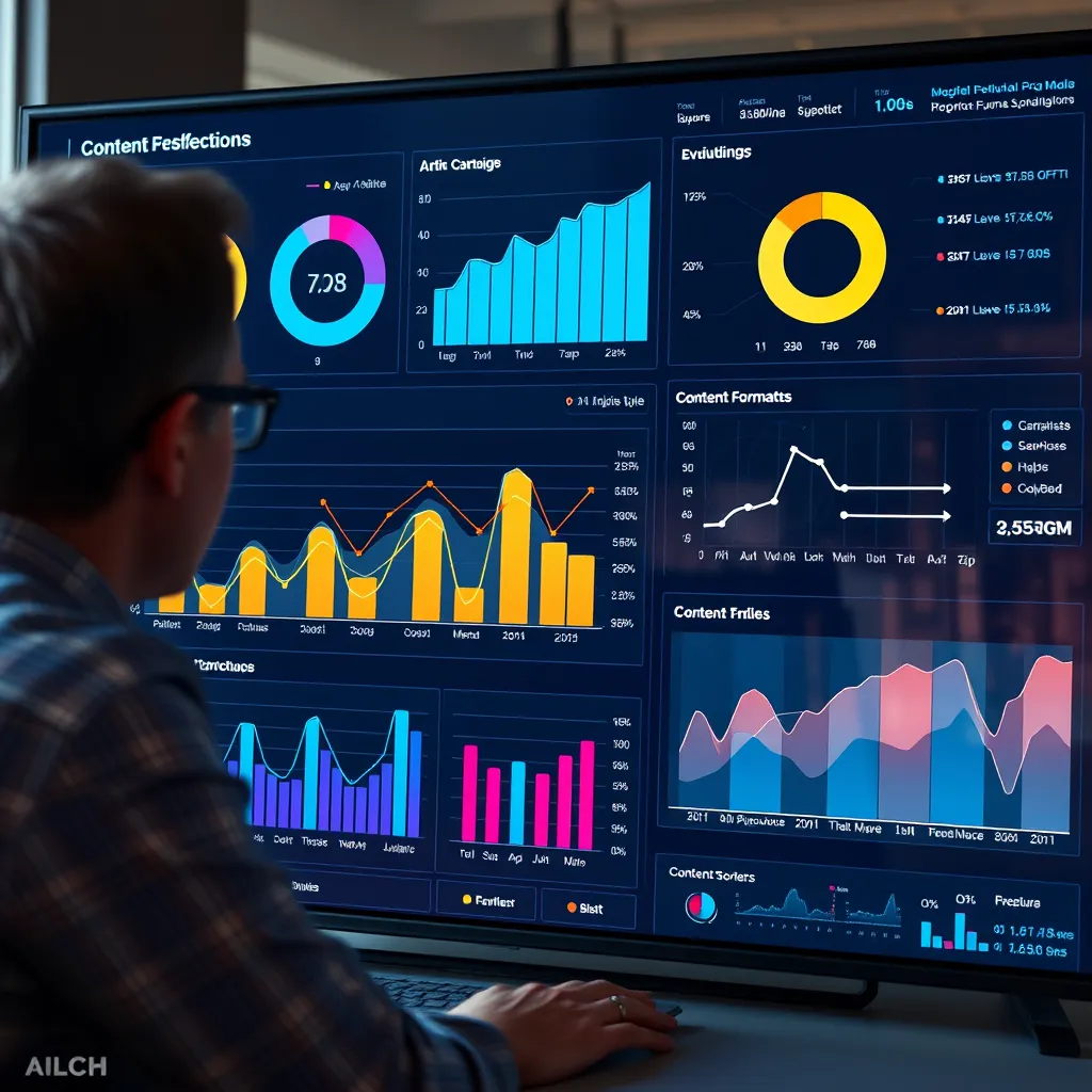 A data visualization dashboard with various charts and graphs showing the performance of different content formats. The dashboard is being reviewed by a business owner, who is making strategic adjustments based on the insights.