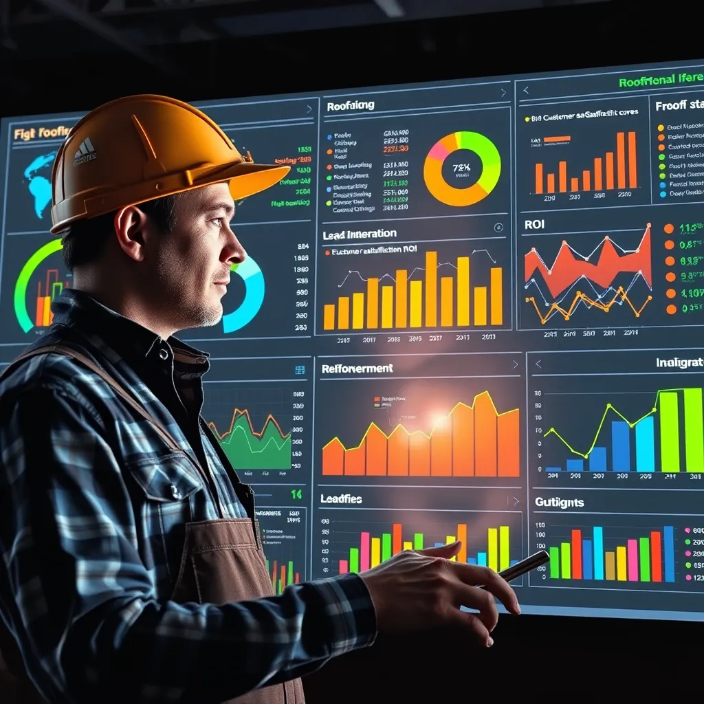 A data visualization dashboard with colorful graphs and charts showcasing key metrics like lead conversion rates, customer satisfaction scores, and ROI. A roofer is analyzing the data, demonstrating the power of AI in making informed decisions.