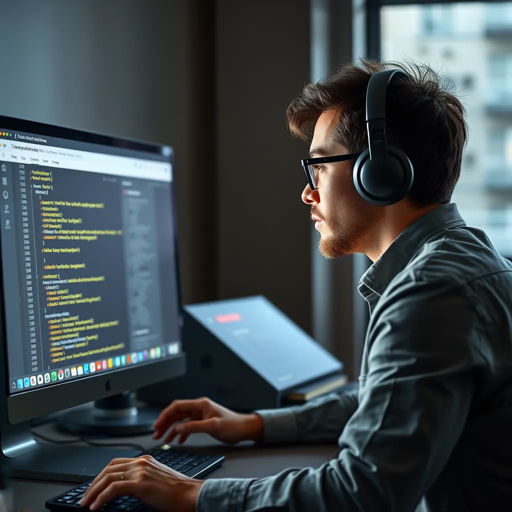 A developer working on a website, carefully adjusting code and interface elements to improve accessibility. The screen displays a website interface with visual aids and clear labels, highlighting the implementation of accessibility best practices. The developer is focused and confident, demonstrating expertise in accessibility remediation.