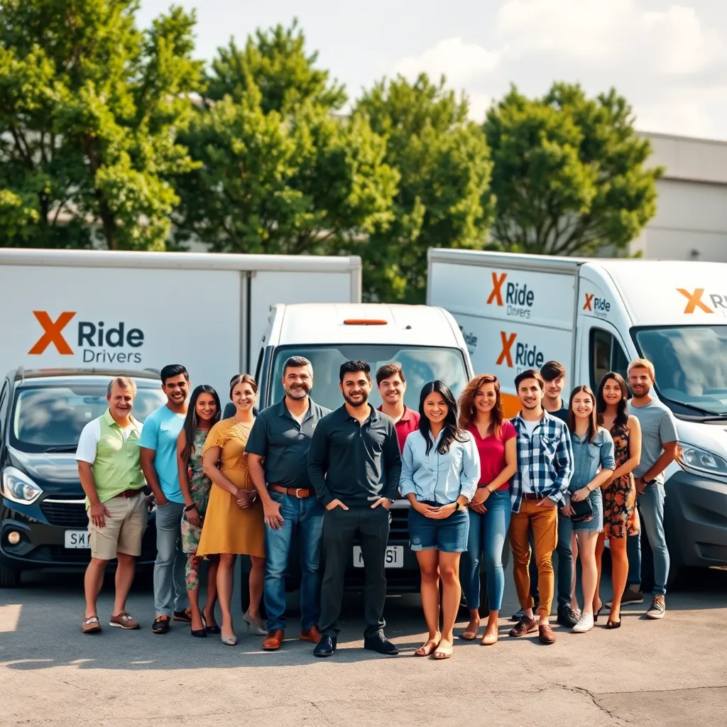 A diverse group of people standing in front of a row of vehicles, including a car, van, and box truck, with XRide Drivers branding on each vehicle. The scene is bright and cheerful, emphasizing the variety of options available.