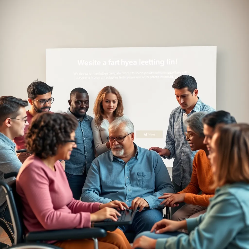 A diverse group of people using a website, showcasing a range of abilities and disabilities. The website interface is designed with clear and intuitive navigation, text-to-speech features, and keyboard accessibility, ensuring a positive user experience for all.