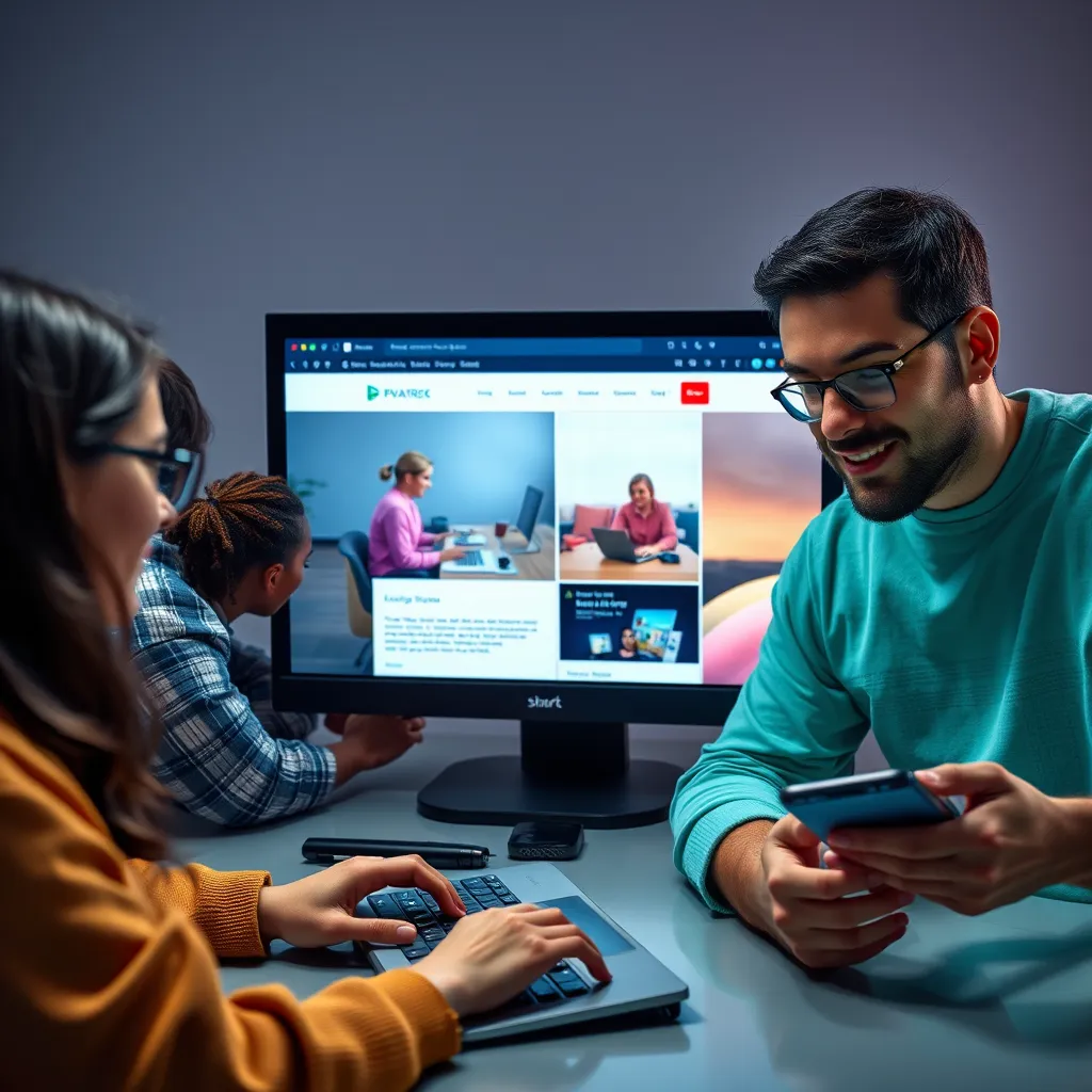 A diverse group of people using a website on different devices, including a person using a screen reader, a person using a keyboard, and a person using a mobile device. The website is designed with accessibility features, such as clear contrast, alt text for images, and keyboard navigation.