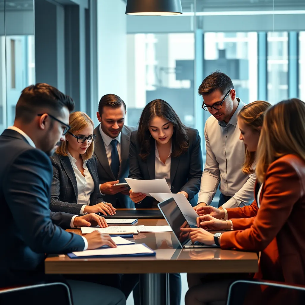A diverse team of professionals, wearing business attire, gathered around a table in a modern office setting. They are actively engaged in a discussion, looking at documents and using laptops. The scene should convey a sense of collaboration, expertise, and dedication.
