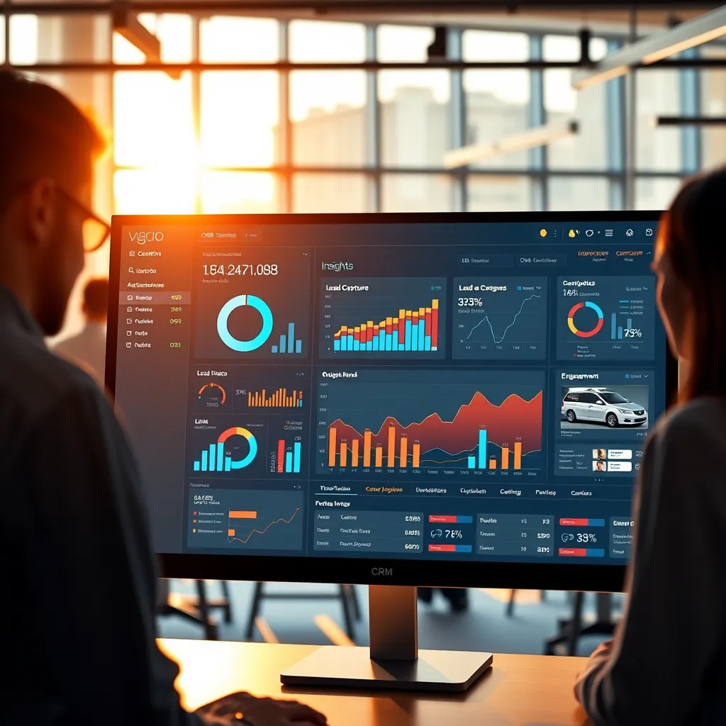 A dynamic image depicting a CRM dashboard filled with lead information and insights. The screen should showcase data visualizations, such as graphs and charts, representing lead capture and engagement metrics. The background should be a vibrant, modern office space with a team of professionals collaborating on a project. The scene should be illuminated by warm, natural light streaming in through large windows, creating a sense of energy and teamwork. The image should be rendered in 8K resolution with ultra-realistic detail, emphasizing the vibrancy and complexity of the data visualizations. The overall style should evoke the aesthetic of successful tech startups, with a focus on innovative design, clean interfaces, and a sense of forward momentum.