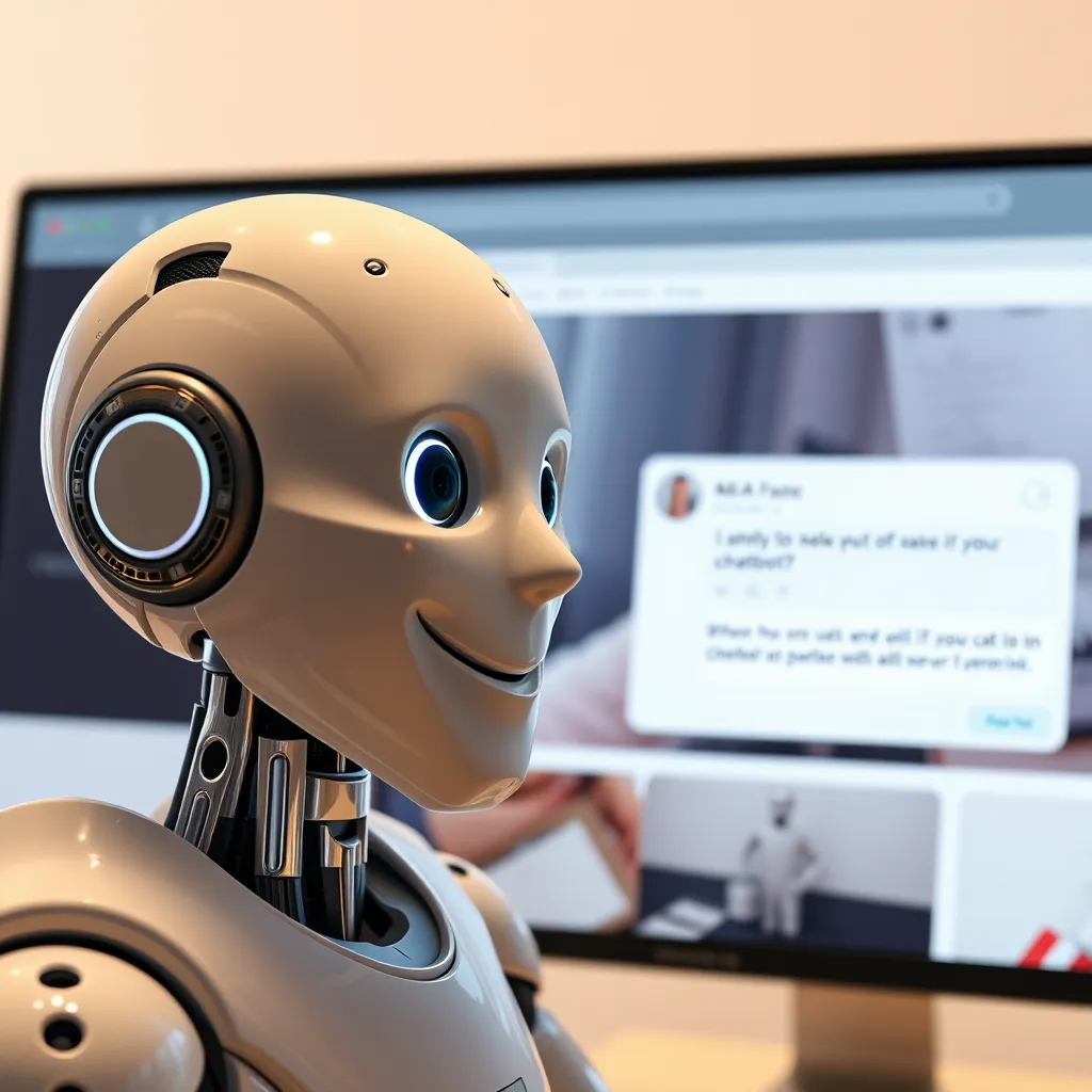 A friendly AI chatbot with a smiling face, interacting with a customer on a website. The website displays a live chat window with the chatbot's response to a customer's question. The background is a modern website design.