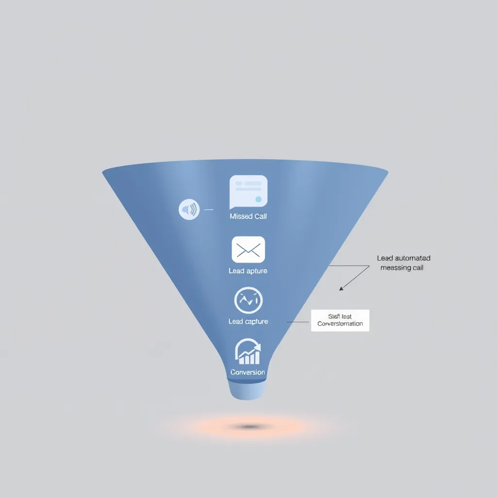 A funnel showing the journey of a lead from a missed call to a successful conversion, with icons representing automated message, lead capture, and conversion action.